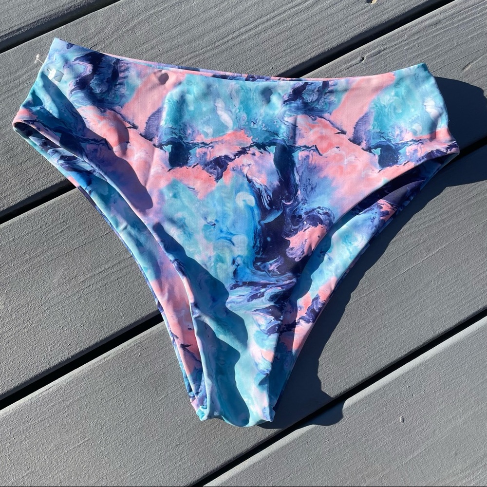 Recycled Marble-Print High-Cut Bikini Bottoms in Pink & Blue